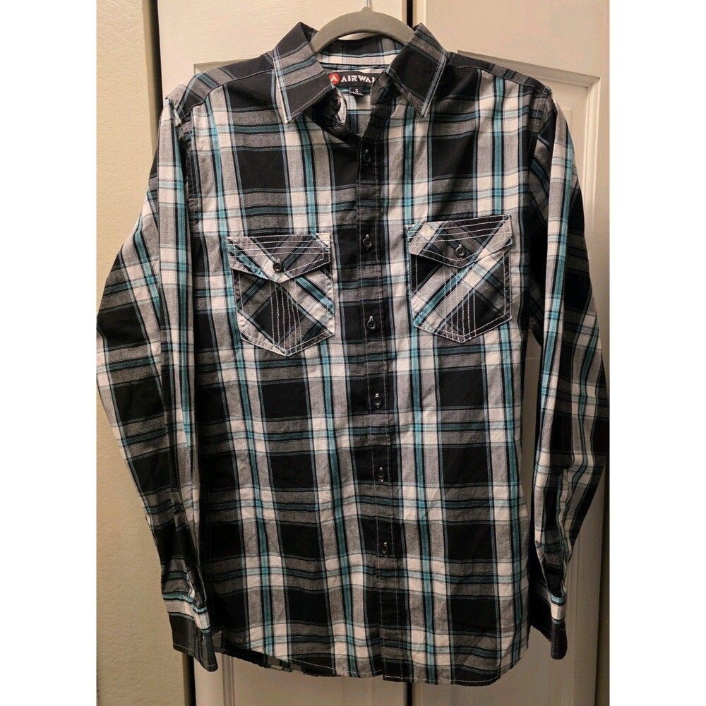 Airwalk Long Sleeve Black Teal White Plaid Button Up Shirt Size Small